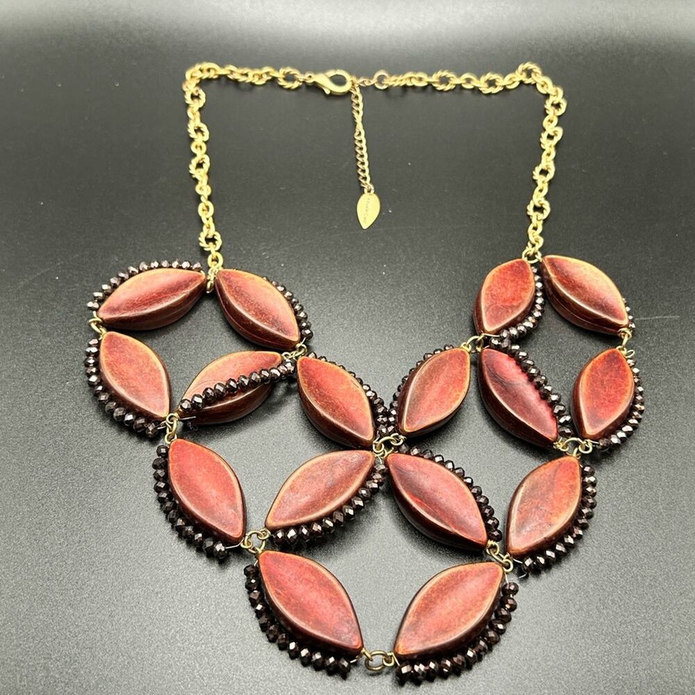 L0101 Coldwater Creek statement necklace tiered large beads gold red